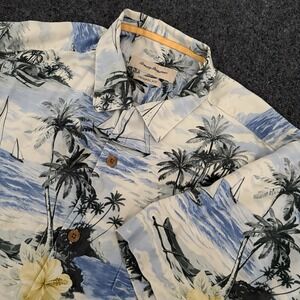 Tommy Bahama Shirt Men L Blue Silk Hawaiian Aloha Floral Camp Button Casual Flaw